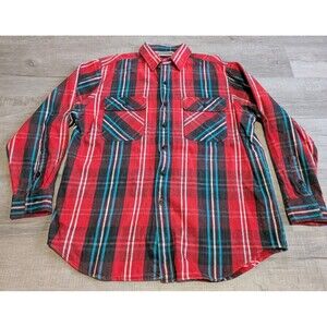 Vintage 80s McGregor Plaid Cotton Thick Flannel Button Up Shirt Sz L Red Blue